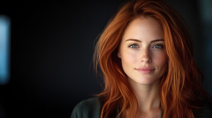 Naklejka premium A stunning close-up portrait of a confident woman with red hair and freckles, smiling softly under diffused lighting, capturing beauty and warmth in intimate conditions.