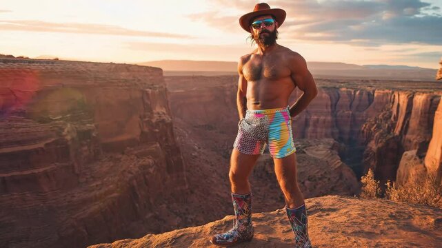 A man stands on the edge of a canyon at sunset, showcasing colorful shorts and a hat while enjoying the breathtaking view