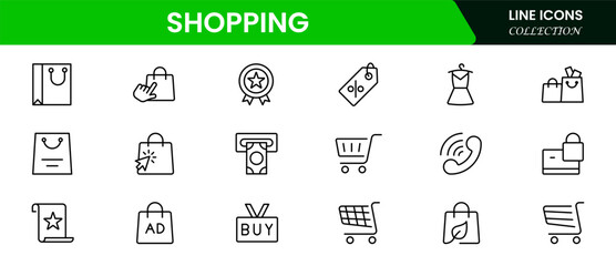 Vibrant vector web line icons depicting shopping, e-commerce, carts, payments, and seamless online retail experiences for dynamic consumer engagement.