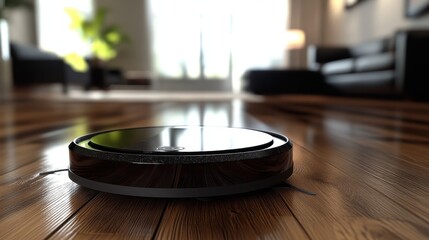 Fototapeta premium Advanced Robotic Vacuum Cleaner on Hardwood Floor in Modern Living Room