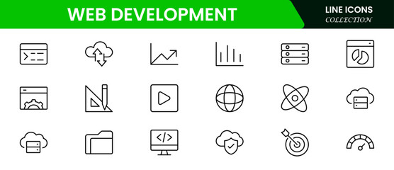 Sleek vector web line icons depicting web development, coding, design, browsers, and tools for creating dynamic, user-friendly websites.