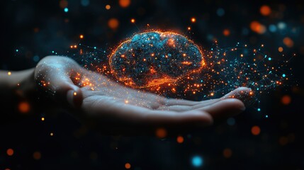 Futuristic concept of AI-powered industries--abstract digital brain hovering, linked to icons of smart healthcare, automation, smart cities, energy grids, and cloud computing. Advanced technology inte