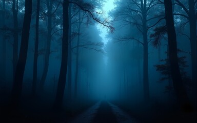 Mysterious forest in the dark night, blue and black theme foggy misty jungle, solitude and spooky woods. High quality