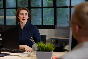 businesswoman meeting and talking about work or project with colleague in the office