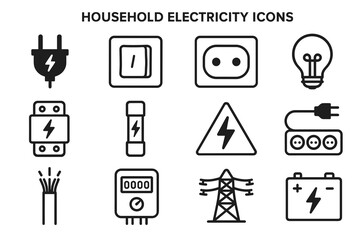 Household electricity icons: plug, light switch, socket, bulb, fuse, meter, power lines, battery