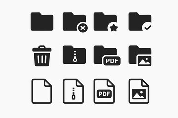 Set of black folder and file icons with various symbols