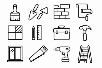 Construction and diy tools icon set: brush, trowel, brick, roller, tile, pencil, ruler, toolbox, hammer, window, saw, drill, ladder