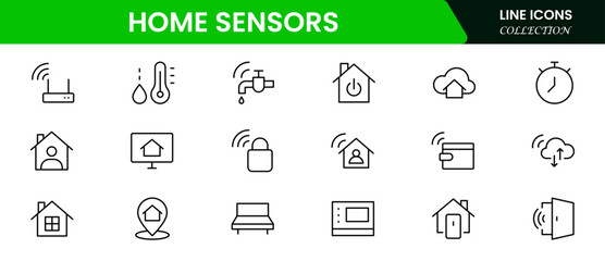 Sleek vector web line icons depicting smart home sensors, automation, security, temperature control, and connected devices for intelligent living.