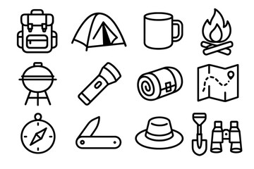 Camping essentials icons: gear, tent, campfire, map, compass, flashlight, hatchet