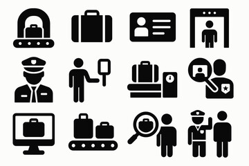 Airport security icons: baggage scan, boarding pass, security check, customs officer, metal detector