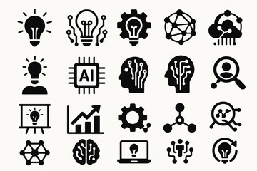 Ai technology icons: innovation, data, network, brain, lightbulb, gear, circuit
