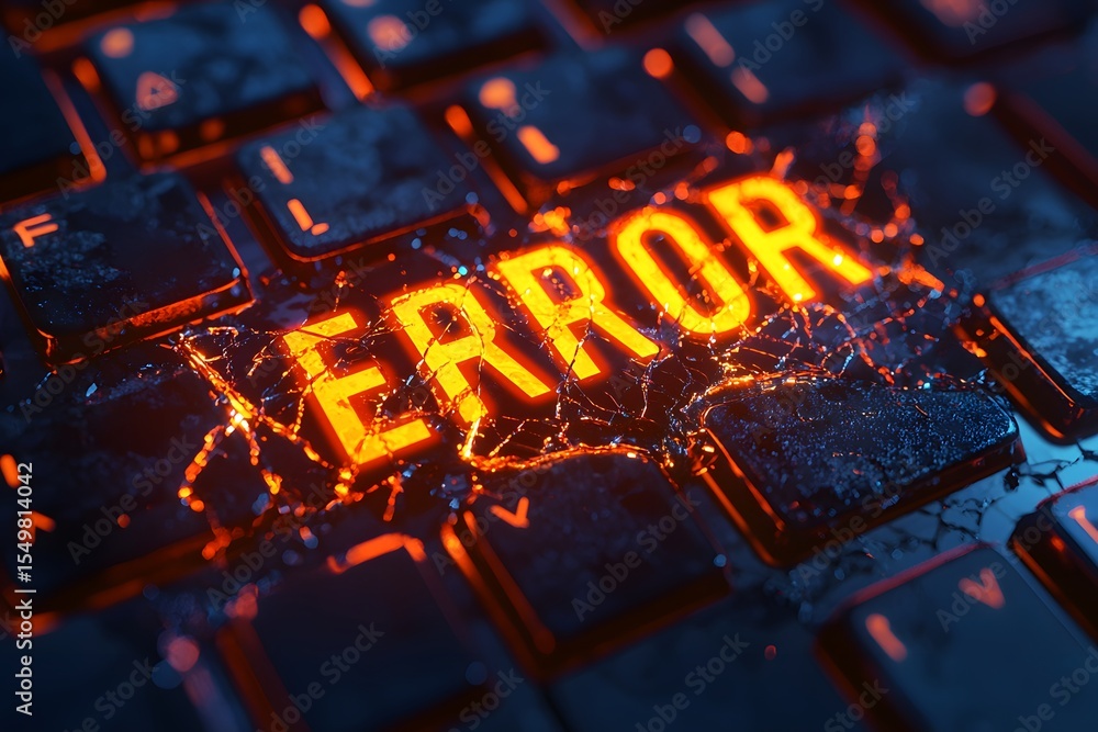 Poster Digital Error Message with Glowing Text on Keyboard Background