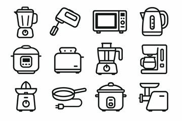 Collection of kitchen appliances including toaster, blender, and coffee maker icons