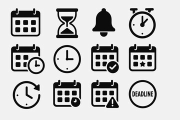Calendar and time management icons: clock, bell, hourglass, deadline symbols set