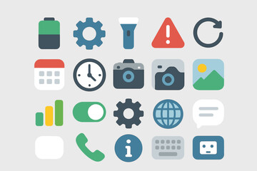 Fototapeta premium Set of colorful flat icons: battery, gear, camera, alert, and more