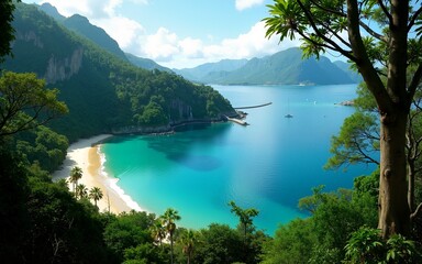 Tourist paradise at wild tropical forest, scene with beautiful beach, green mountains and blue water in jungle. Theme of wallpaper, wilderness, landscape, travel, nature. High quality