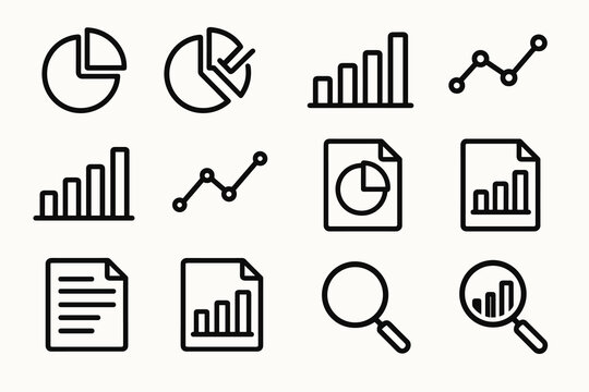 Set of simple black line graph icons for data analysis and reports