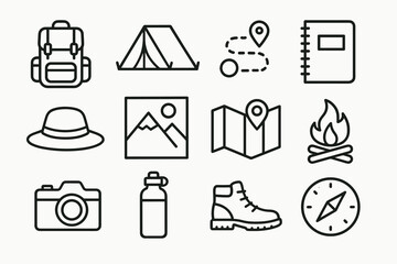 Camping and hiking essentials: backpack, tent, map, camera, compass, fire, hat, boots, notebook