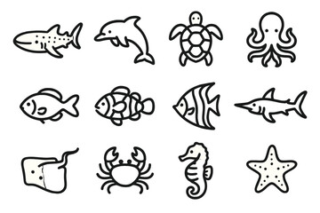 Obraz premium Cartoon marine animal icons: shark, dolphin, turtle, octopus, fish, seahorse