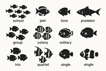Fish silhouette collection featuring schools, pairs, and solitary patterns