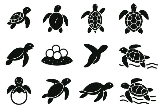 Silhouette icons of sea turtles in various poses and stages