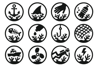 Marine conservation icons highlight environmental hazards to oceanic life