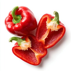 red bell pepper sliced and whole, studio top view, isolated on white background