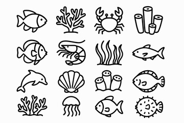 Obraz premium Collection of simple line drawings of marine life creatures and plants