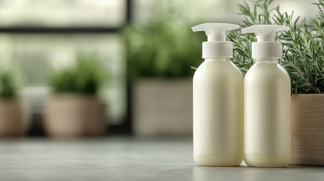 Elegant bottles of cream stand next to lush green plants, highlighting the beauty of self-care products in a stylish and natural setting that promotes well-being.