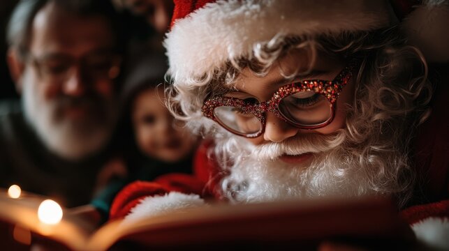 A joyful child dressed as Santa Claus reading a book surrounded by family, capturing the essence of holiday cheer and family bonding in a warm and festive atmosphere.