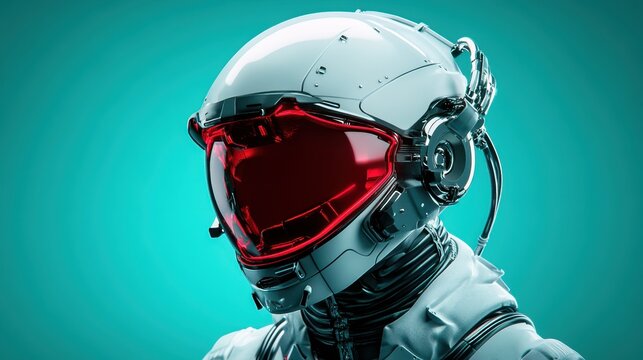 This image features a sleek, futuristic helmet with a striking red visor, showcasing modern technology and design aesthetics in a vibrant teal background to emphasize innovation.