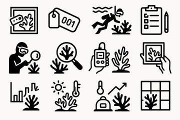 Obraz premium Coral research icons: conservation, scuba diving, monitoring, data collection, analysis