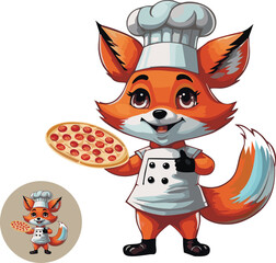 Vector fox mascot for pizzeria. Cartoon fox in chef's hat holding pepperoni pizza.