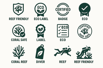 Eco certification icons: coral safe labels and reef friendly badges