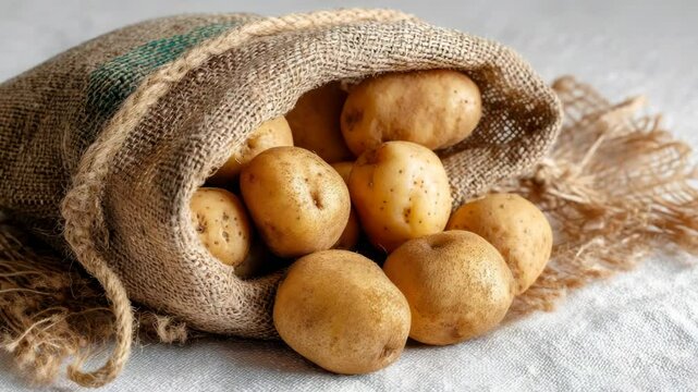 Rustic potatoes rolling out of burlap sack onto tabletop
