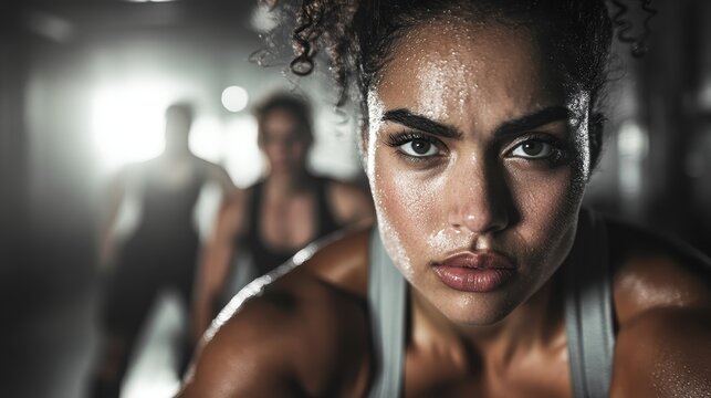 A determined female athlete showcases her focus during a high-intensity workout, sweat glistening on her skin, embodying strength and motivation in the athletic environment.