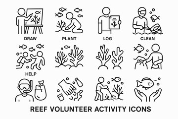Fototapeta premium Volunteer activities for reef conservation - drawing, planting, logging, cleaning, helping