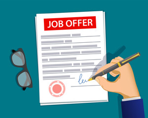 Man in business suit signs contract job offer. Vector illustration