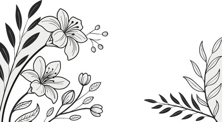 Luxury botanical background with trendy wildflowers and minimalist flowers for wall decoration or wedding. a minimalistic and elegant black and white vector illustration of hand-drawn floral elements 