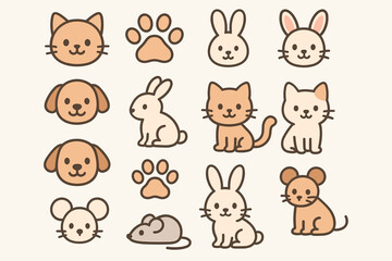 Cute cartoon animals collection of cats, dogs, bunnies, and mice