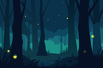 Enchanted Night Forest Dark Trees, Glowing Fireflies, Magical Atmosphere