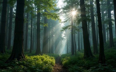 Fototapeta premium A dense forest with many tall trees, suitable for nature or environmental themes. High quality