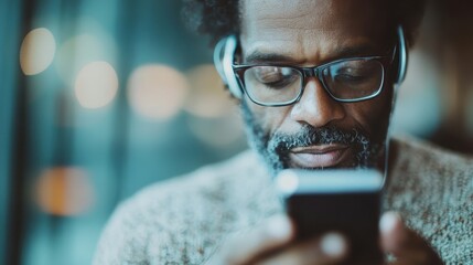 An older man with glasses and headphones intently browses his smartphone, immersed in music as he savors a moment of relaxation and enjoyment in a serene environment.