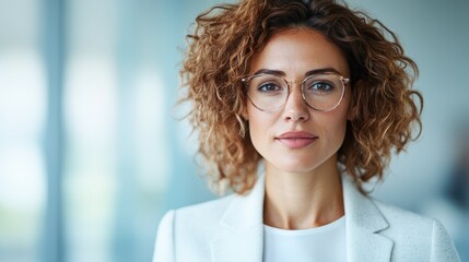 A confident woman wearing stylish glasses poses for the camera in an office environment, reflecting professionalism and determination in her expression.