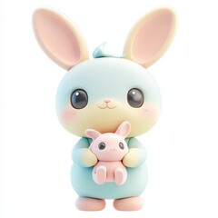Obraz premium Sweet pastel creature holding a tiny bunny figure, isolated on white