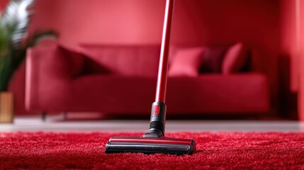 A modern vacuum cleaner showcased on a plush red carpet, blending functionality and style, representative of contemporary home solutions and interior design aesthetics.