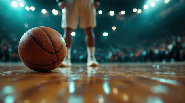 An electrifying image of a basketball game in an arena, focusing on a basketball on the court, capturing the thrill, energy, and competitive spirit of the sport.