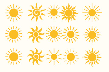 Variety of sun symbols: 16 unique yellow sun icons on light background