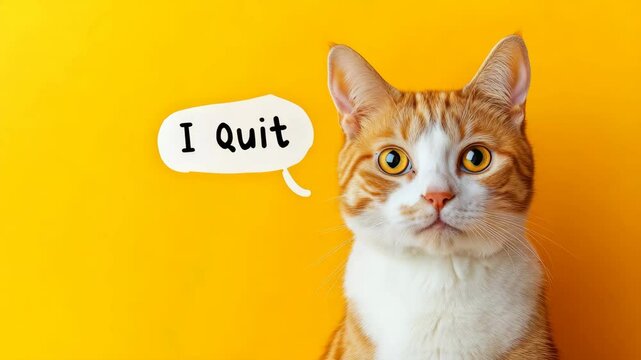 Ginger cat expresses amusing resignation with speech bubble on vibrant yellow background