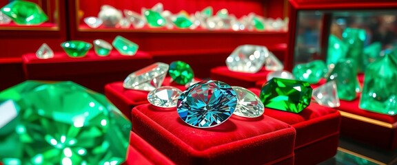 Fototapeta premium Gleaming diamonds & emeralds in velvet-lined display cases, treasure, emeralds